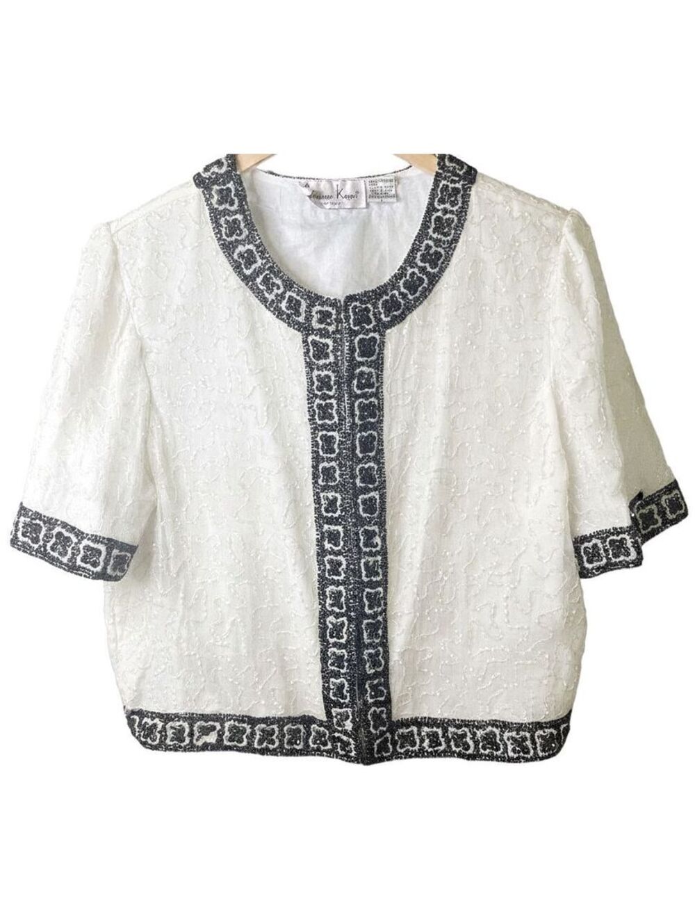 Laurence Kazar Silk Beaded Evening Jacket Ivory & Black Hook & Eye Closure Large